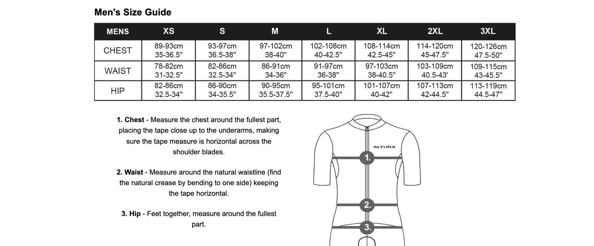 Altura Sizing guide