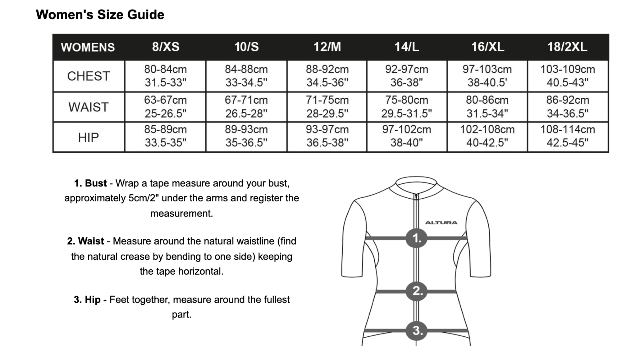 Altura womens size guide