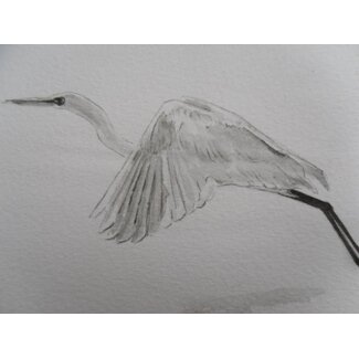 Silver heron flying Shikishi 13x12 cm