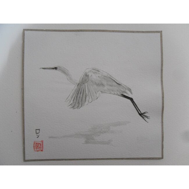 Zilveren reiger vliegende Shikishi 13x12 cm