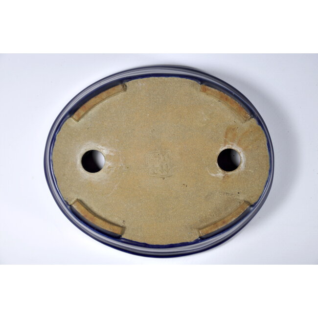 Oval blue glazed  pot - 155 x 129 x 30 mm