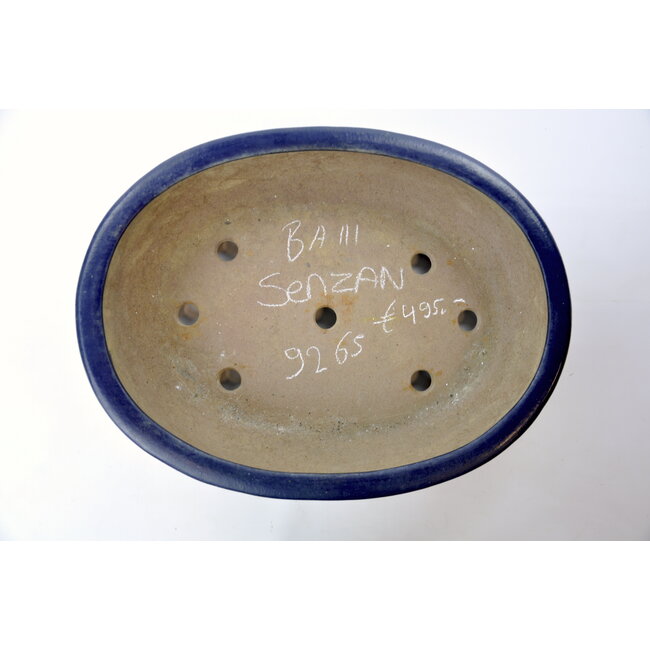 Oval blue glazed Senzan pot - 490 x 370 x 110 mm