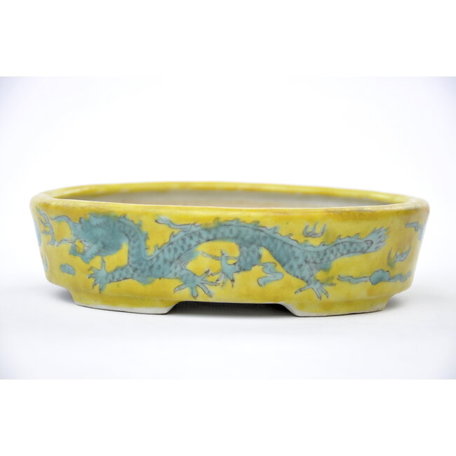Oval hand-painted yellow glazed  pot - 150 x 112 x 40 mm