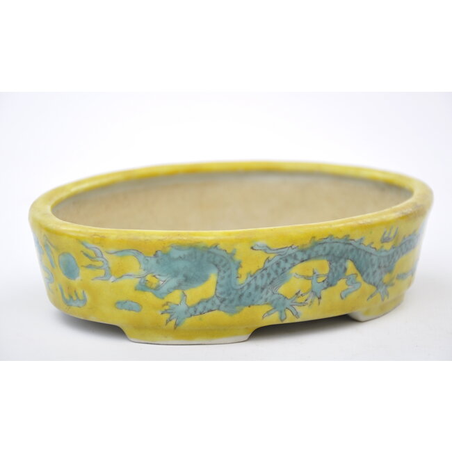 Ovale handgeschilderde geel geglazuurde pot - 150 x 112 x 40 mm