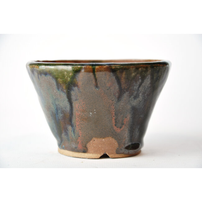 Round green and brown Bonsa pot - 115 x 113 x 70 mm