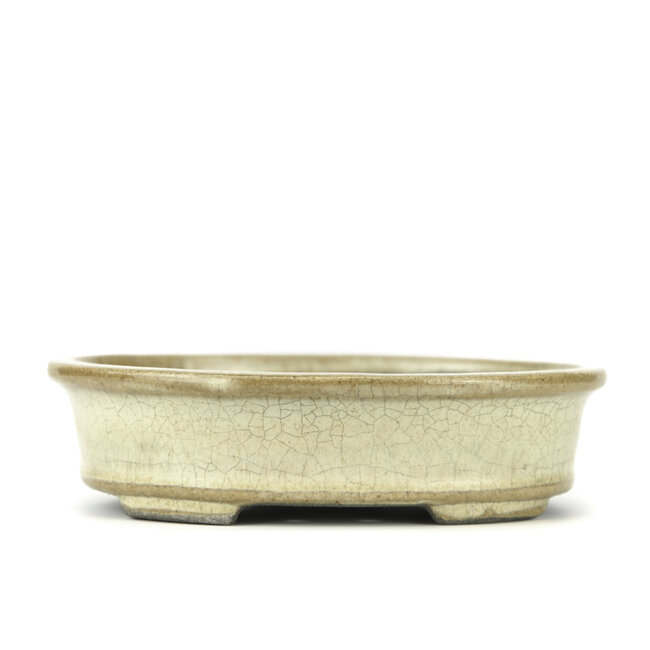 Oval beige bonsai pot by Terahata Satomi Mazan - 140 x 115 x 38 mm