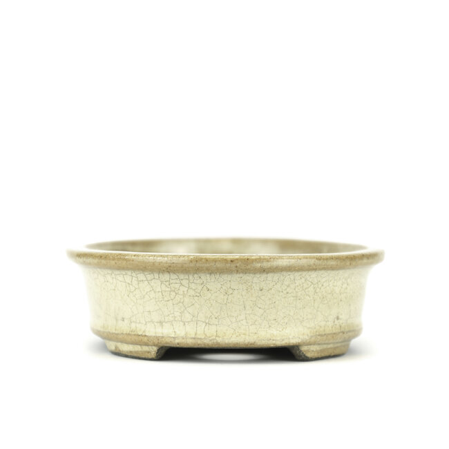 Pot à bonsaï ovale beige par Terahata Satomi Mazan - 140 x 115 x 38 mm