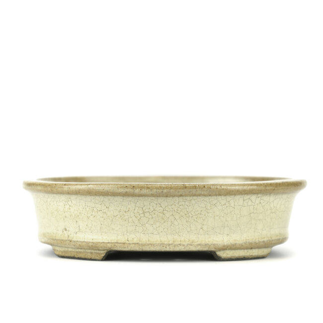 Oval beige bonsai pot by Terahata Satomi Mazan - 140 x 115 x 38 mm