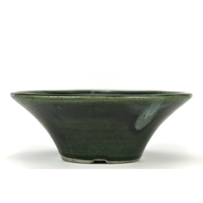 Round green bonsai pot by Terahata Satomi Mazan - 185 x 185 x 70 mm