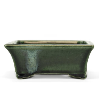  Satomi Mazan, Mazan Terahata 160 mm rectangular green bonsai pot by Terahata Satomi Mazan, Tokoname, Japan