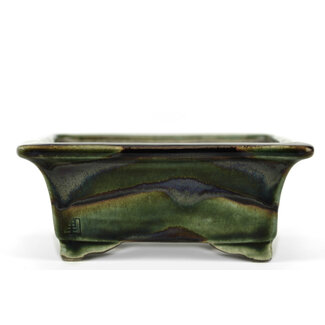  Satomi Mazan, Mazan Terahata 140 mm rectangular green bonsai pot by Terahata Satomi Mazan, Tokoname, Japan