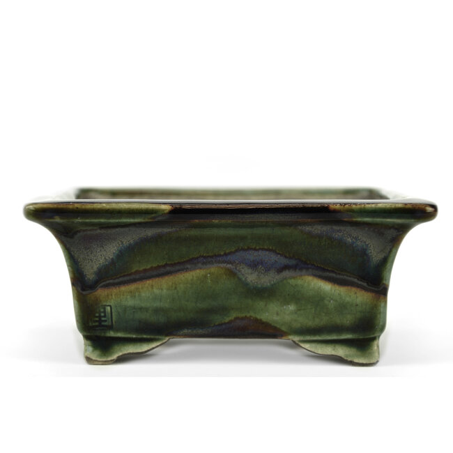 Rectangular green bonsai pot by Terahata Satomi Mazan - 140 x 122 x 58 mm