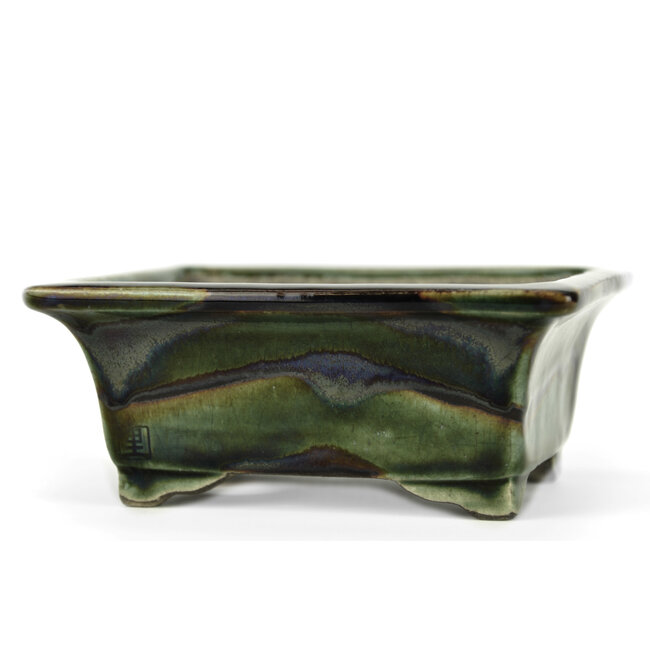 Rectangular green bonsai pot by Terahata Satomi Mazan - 140 x 122 x 58 mm
