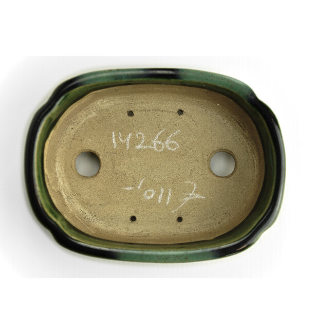 Oval green bonsai pot by Terahata Satomi Mazan - 165 x 125 x 45 mm