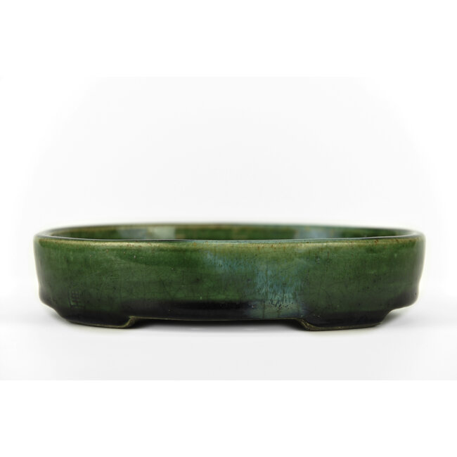 Oval green bonsai pot by Terahata Satomi Mazan - 155 x 130 x 34 mm