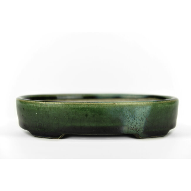 Oval green bonsai pot by Terahata Satomi Mazan - 155 x 130 x 34 mm