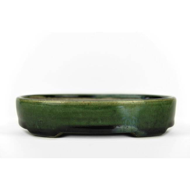 Oval green bonsai pot by Terahata Satomi Mazan - 155 x 130 x 34 mm