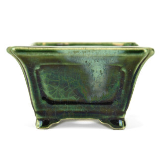  Satomi Mazan, Mazan Terahata 125 mm square green bonsai pot by Terahata Satomi Mazan, Tokoname, Japan