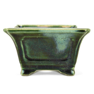  Satomi Mazan, Mazan Terahata 125 mm square green bonsai pot by Terahata Satomi Mazan, Tokoname, Japan