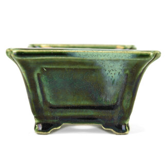  Satomi Mazan, Mazan Terahata 125 mm square green bonsai pot by Terahata Satomi Mazan, Tokoname, Japan