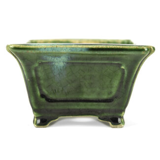  Satomi Mazan, Mazan Terahata 125 mm square green bonsai pot by Terahata Satomi Mazan, Tokoname, Japan