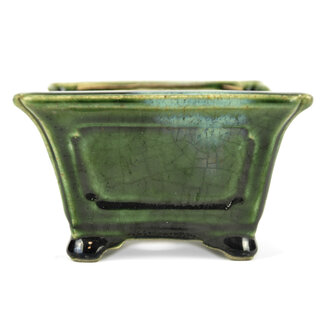  Satomi Mazan, Mazan Terahata 125 mm square green bonsai pot by Terahata Satomi Mazan, Tokoname, Japan