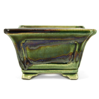  Satomi Mazan, Mazan Terahata 125 mm square green bonsai pot by Terahata Satomi Mazan, Tokoname, Japan