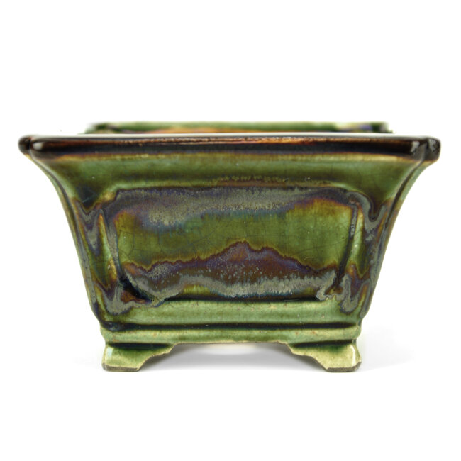 Square green bonsai pot by Terahata Satomi Mazan - 125 x 125 x 72 mm
