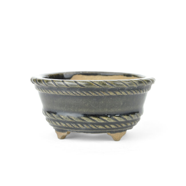 Runde dunkelgrüne Takahashi Kiyosi Bonsaischale - 119 x 119 x 60 mm