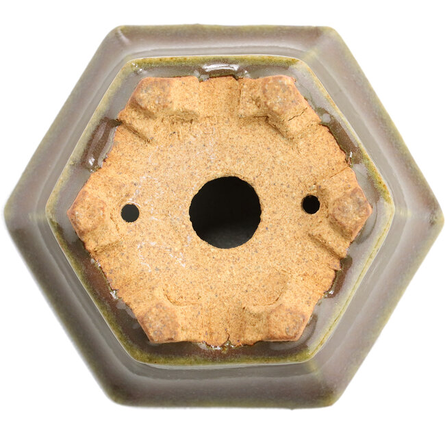 Hexagonal greenish beige bonsai pot by Hattori - 91 x 81 x 50 mm