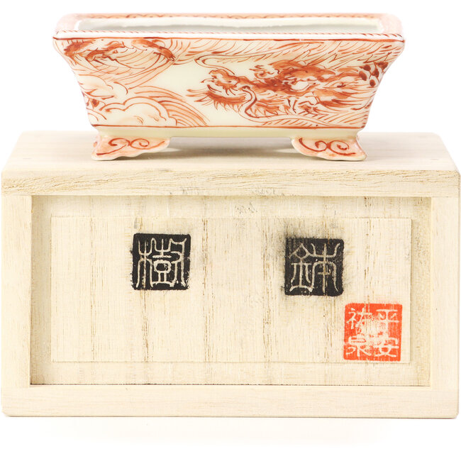 Vaso rettangolare per bonsai rosso di Kutani - 95 x 75 x 35 mm