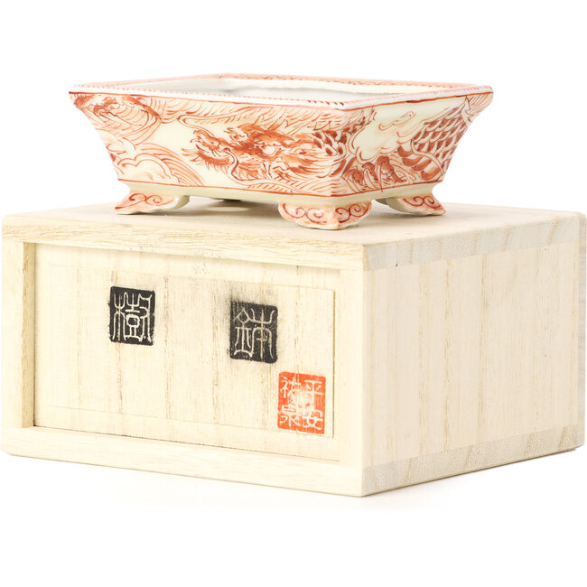 Rechteckige rote Bonsaischale von Kutani - 95 x 75 x 35 mm