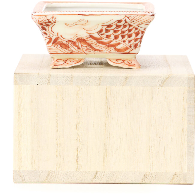 Rectangular red bonsai pot by Kutani - 95 x 75 x 35 mm