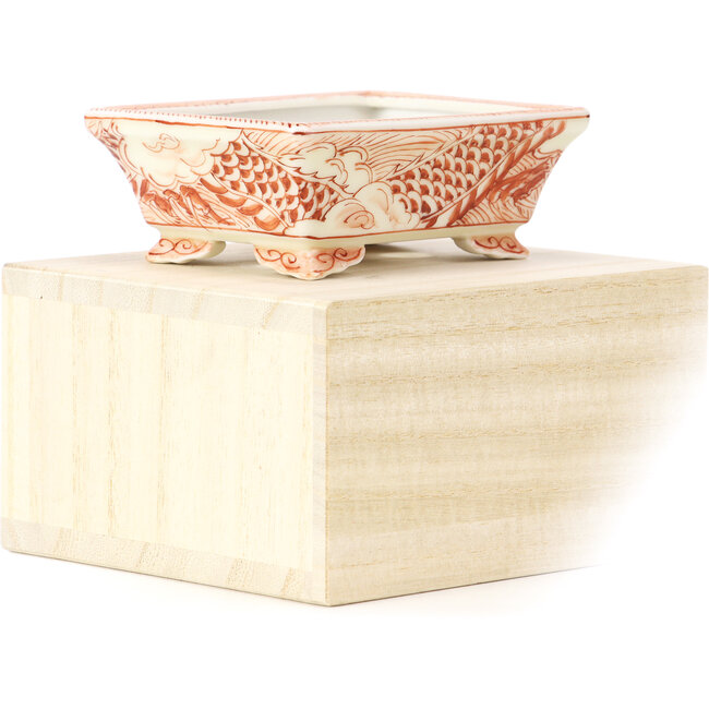 Vaso rettangolare per bonsai rosso di Kutani - 95 x 75 x 35 mm