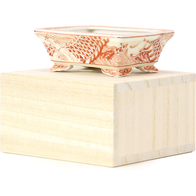 Vaso rettangolare per bonsai rosso di Kutani - 95 x 75 x 35 mm