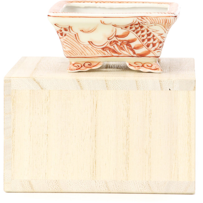 Rectangular red bonsai pot by Kutani - 95 x 75 x 35 mm
