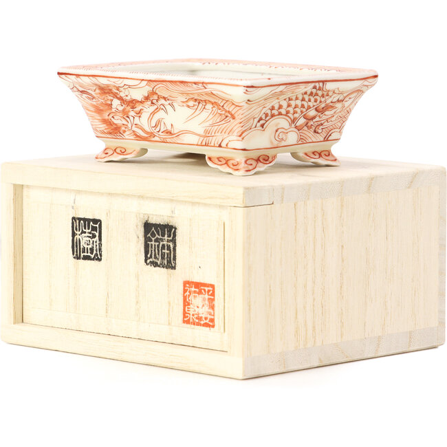Vaso rettangolare per bonsai rosso di Kutani - 95 x 75 x 35 mm