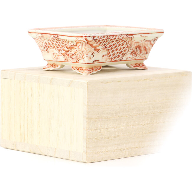 Rectangular red bonsai pot by Kutani - 95 x 75 x 35 mm