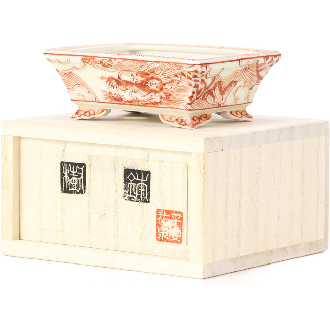 Rectangular red bonsai pot by Kutani - 95 x 75 x 35 mm