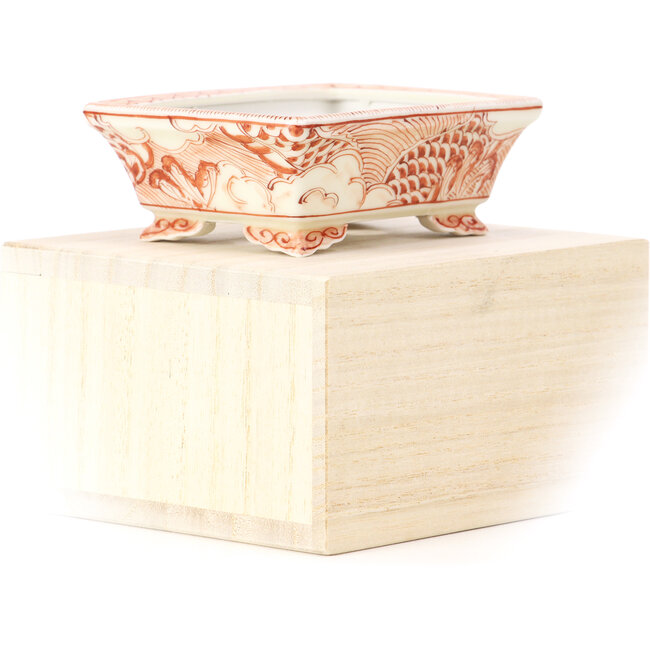 Vaso rettangolare per bonsai rosso di Kutani - 95 x 75 x 35 mm