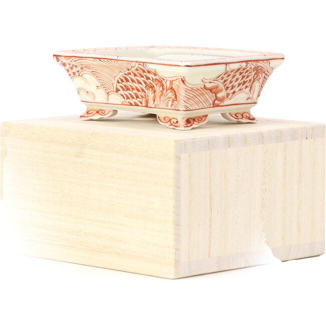 Rectangular red bonsai pot by Kutani - 95 x 75 x 35 mm
