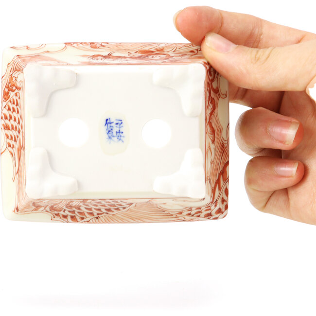 Rectangular red bonsai pot by Kutani - 95 x 75 x 35 mm