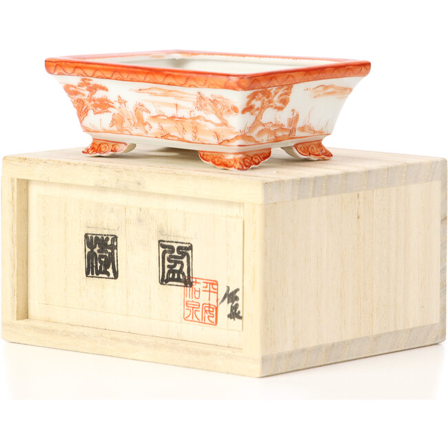 Vaso rettangolare per bonsai rosso di Kutani - 95 x 75 x 35 mm