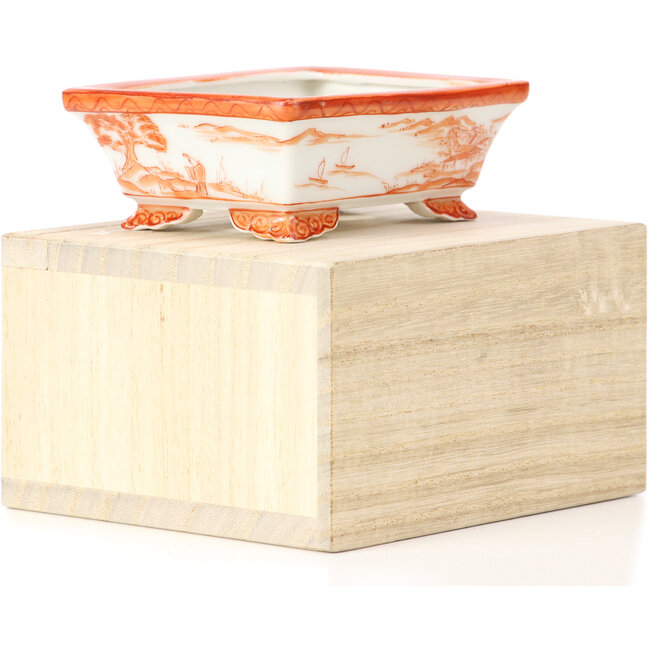 Rectangular red bonsai pot by Kutani - 95 x 75 x 35 mm