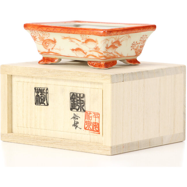 Rectangular red bonsai pot by Kutani - 95 x 75 x 35 mm