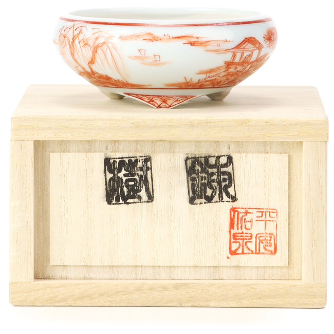 Vaso per bonsai rosso rotondo di Kutani - 77 x 77 x 31 mm