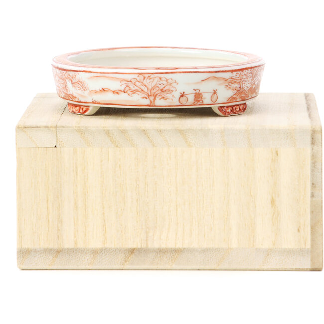Oval red bonsai pot by Kutani - 100 x 80 x 18 mm