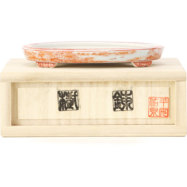 Oval red bonsai pot by Kutani - 113 x 80 x 15 mm