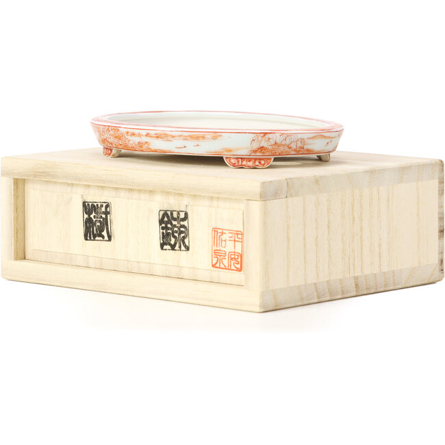 Oval red bonsai pot by Kutani - 113 x 80 x 15 mm