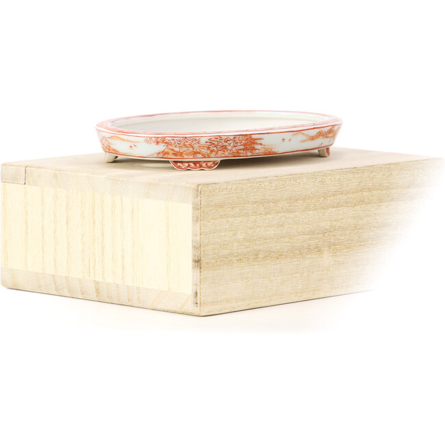 Oval red bonsai pot by Kutani - 113 x 80 x 15 mm